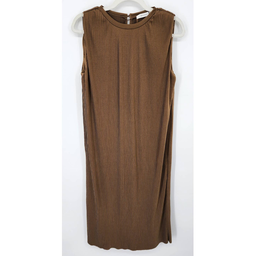 Moussy Accordion Pleated Midi Dress S Crew Neck Sleeveless Relaxed Shift Brown